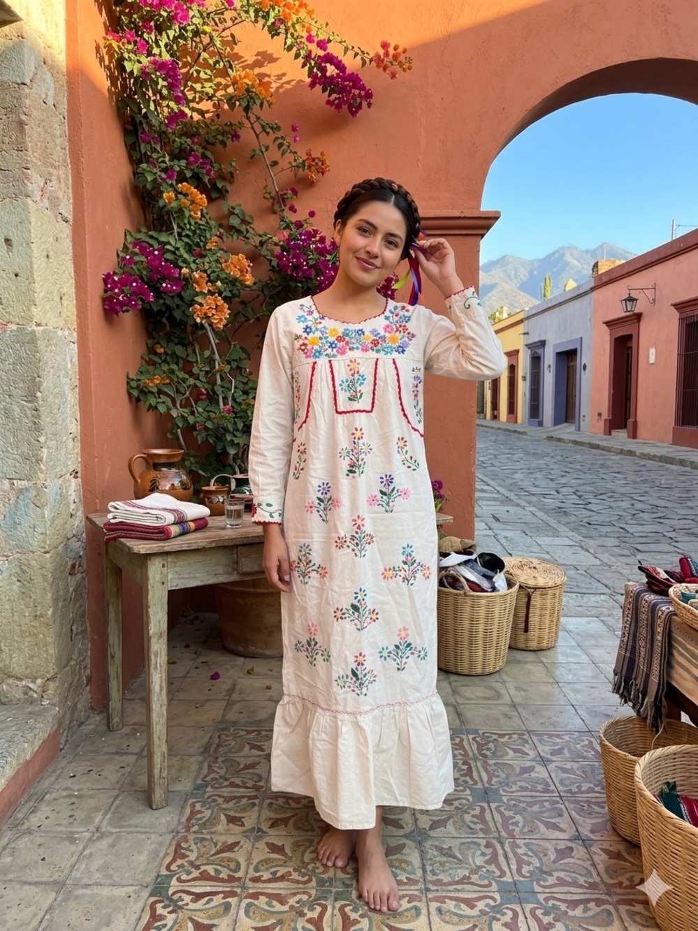 Authentic Mexican Embroidered Cream Maxi Dress with Floral Motif